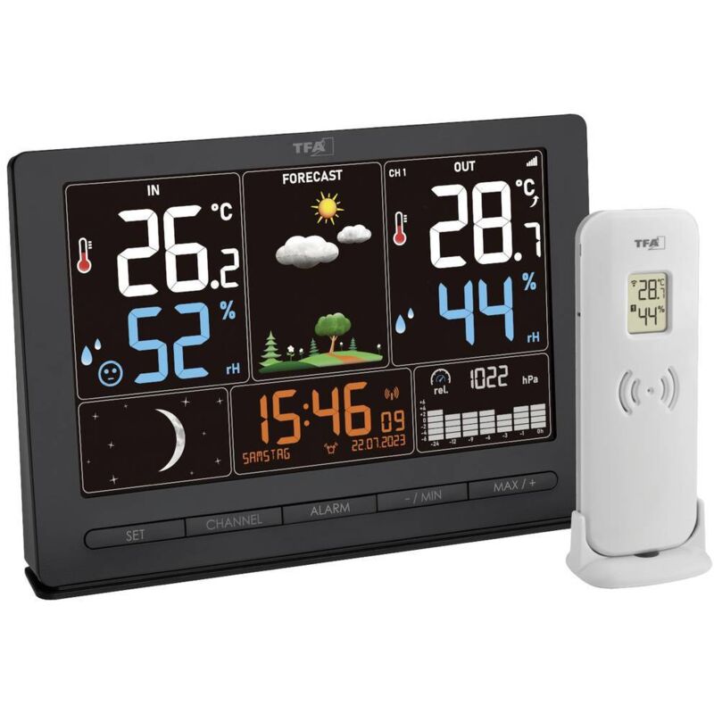 TFA Dostmann Sky 35.1152 - Stazione Meteorologica Wireless Con Sensore Esterno, Previsioni Meteo E Orologio Radiocontrollato (Nero Con Batterie