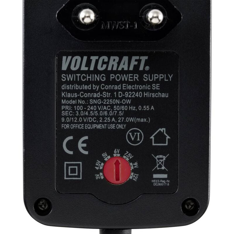 VOLTCRAFT SNG-2250N-OW Alimentatore a spina regolabile N/A 2.25 A 27 W  Tensione di uscita regolabile, cavo non intestat