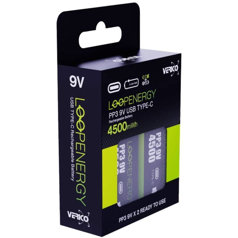 Verico LoopEnergy USB-C Batteria ricaricabile da 9 V Li-Ion 500 mAh 7.4 V 2  pz.