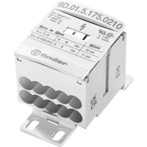 Finder 9D.01.5.175.0210 Distributore Bianco a 12 poli 16 mm² 175 A 1000 V/AC, 1500 V/DC Tipo di conduttore = L, N, PE