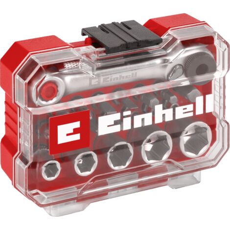 Set di punte e bussole originale Einhell XS-CASE da 21 pezzi (punte da 25 mm, bussole, portapunte a cambio rapido, adattatore, cricchetto reversibile, compresa la scatola di custodia)