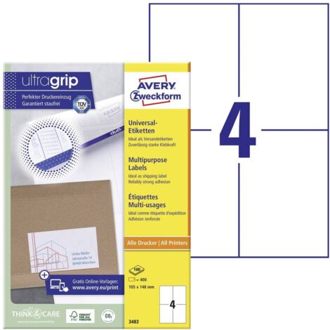 Avery-Zweckform 3483 Etichetta universale 105 x 148 mm Carta Bianco 400 pz. A tenuta permanente Stampante a getto d'inc