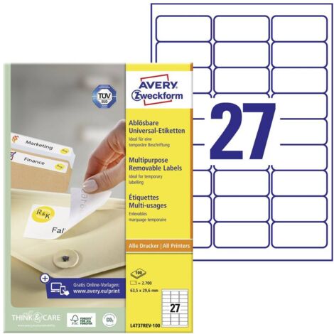 Avery-Zweckform L4737REV-100 Etichetta universale 63.5 x 29.6 mm Carta Bianco 2700 pz. Staccabile Stampante a getto d'i (1/5)