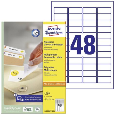 Avery-Zweckform L4736REV-100 Etichetta universale 45.7 x 21.2 mm Carta Bianco 4800 pz. Staccabile Stampante a getto d'i