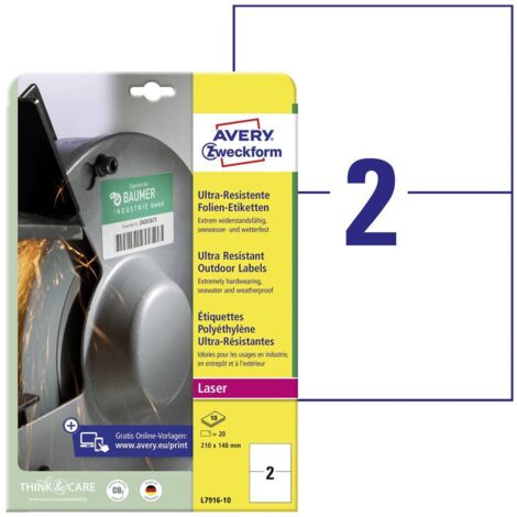 Avery-Zweckform L7916-10 Etichetta a pellicola 210 x 148 mm Pellicola in polietilene Bianco 20 pz. A tenuta permanente
