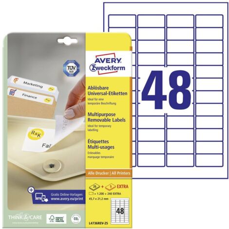 Avery-Zweckform L4736REV-25 Etichetta universale 45.7 x 21.2 mm Carta Bianco 1440 pz. Staccabile Stampante a getto d'in (1/5)