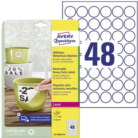 Avery-Zweckform L4716REV-20 Etichetta a pellicola Ø 30 mm Pellicola Bianco 960 pz. Staccabile Stampante laser a colori, (1/5)
