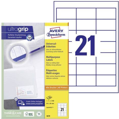 Avery-Zweckform 3670 Etichetta universale 64 x 36 mm Carta Bianco 2100 pz. A tenuta permanente Stampante laser, Stampan (1/5)