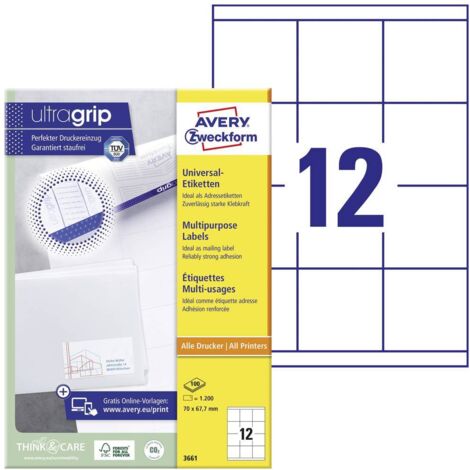 Avery-Zweckform 3661 Etichetta universale 70 x 67.7 mm Carta Bianco 1200 pz. A tenuta permanente Stampante laser a colo (1/5)