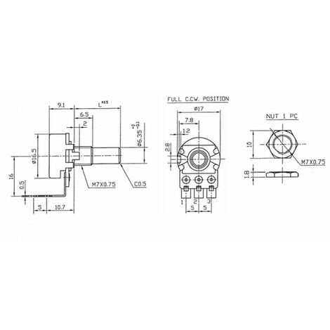 Potenziometro logaritmico 10k albero corto in metallo R16148-1a-2-a10k