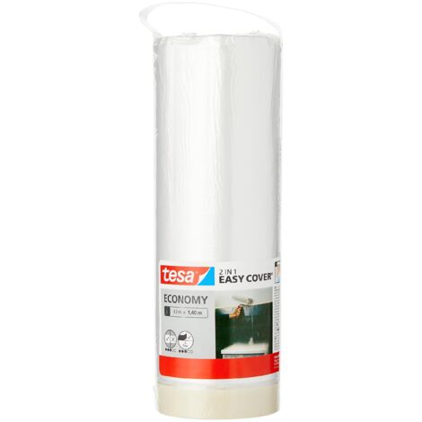 tesa Easy Cover Film ECONOMY - Telo Copritutto per Pittura 2 in 1 con Biadesivo in Carta - 33 m x 140 cm