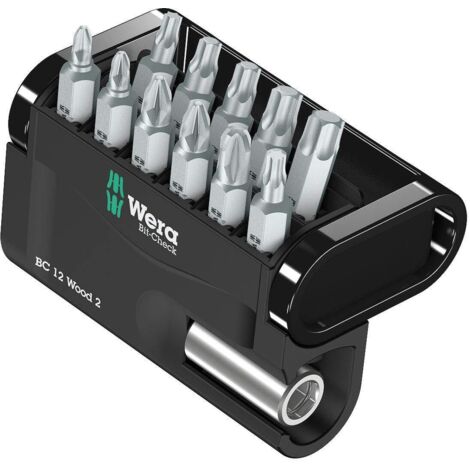 Wera Bit-Check 12 Wood 2 05057422001 Kit inserti 12 parti Croce Pozidriv, Croce Phillips, Profilo a T interno