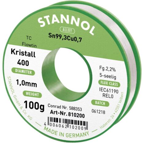 Stannol Ecology TC Stagno senza piombo Bobina Sn99,3Cu0,7 REL0 100 g 1 mm (1/2)