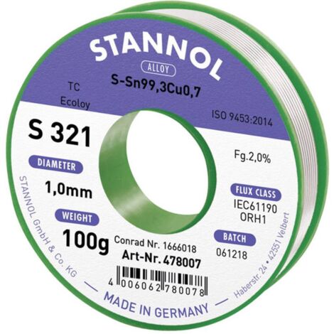Stannol S321 2,0% 1,0MM SN99,3CU0,7CD 100G Stagno senza piombo senza piombo, Bobina Sn99,3Cu0,7 ORH1 100 g 1 mm