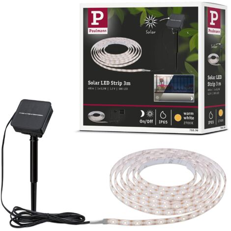 Paulmann 78896 - Striscia LED solare, 3 m, con sensore crepuscolare e batteria IP44, 0,3 W, 48 lm, 60 LED/m, 2700 K, bianco caldo, nero, plastica