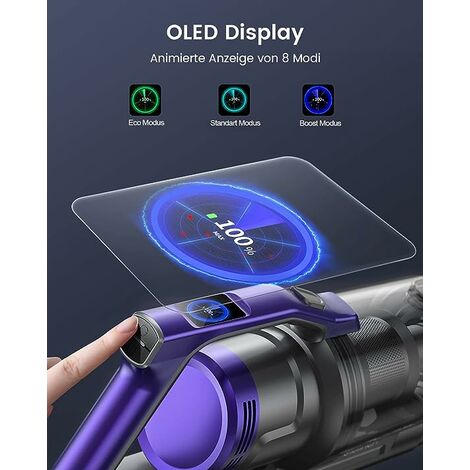 HONITURE Akku Staubsauge, 450 W/38 KPa Staubsauger Kabellos mit OLED-Display, 8 Animationsmodi, 55 Minuten, Aromatherapie, Akku Besenstaubsauger für Teppich/Tierhaare/Hartböden