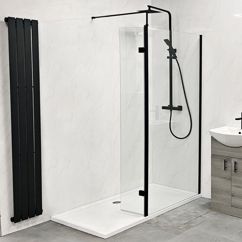 ExBathstore Playtime Walk In Shower Glass Panel With Black Support Arm