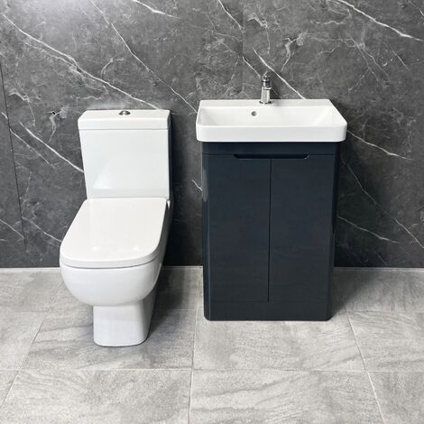 RAK Series 600 Toilet with Ross 550mm Vanity Unit Basin Bathroom Suite, Anthracite Gloss-With Tap (1/5)
