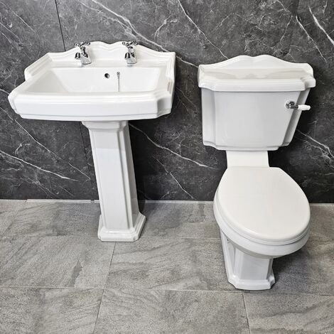 Legend Traditional Victorian Style Basin Sink & Toilet Set Bathroom Suite, Without soft close seat-With taps and waste
