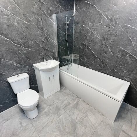 Sadie 1700mm Showerbath Suite Inc Curved Screen, Shower, Vanity, Toilet & Taps, With End Panel
