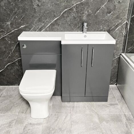 Arno Grey 1100mm Vanity Bathroom Suite Sink + Toilet Unit L Shape - Right Hand, With Square Pan-With Tap