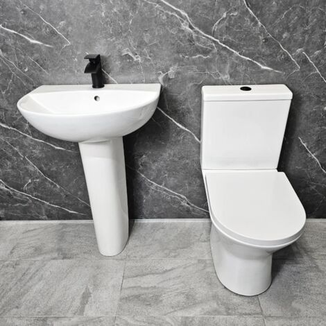 Basin Sink & Toilet Suite with Black Hinges & Flush Button Molly Bathroom Suite, With Tap