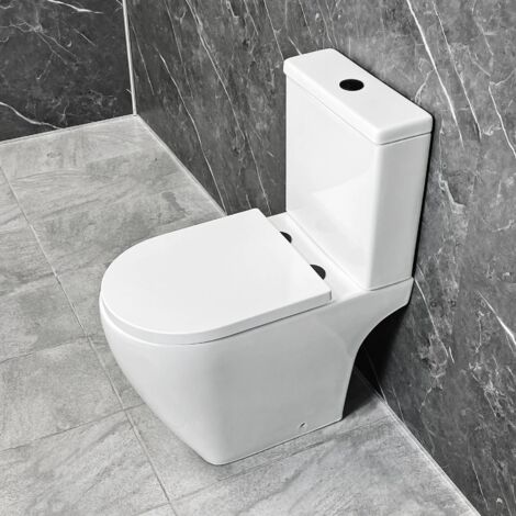 Tornado Flush Toilet with Black Flush Button & Hinges Open Back Rimless WC