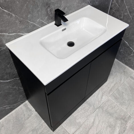 Satin Black Vanity Unit with Large Ceramic Basin Sink 900 or 1000mm Square Emily, 900mm Wide-Without Tap