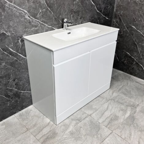 White Gloss Vanity Unit with Large Ceramic Basin Sink 900 or 1000mm Emily Square, 900mm Wide-Without Tap (1/4)