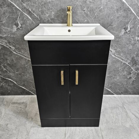 550mm Black Vanity Unit with Brushed Brass Handles Square Style 2 Doors Tess, Without Tap