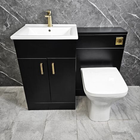 Black Vanity Suite 1050mm Basin Unit and Toilet with Brushed Brass Handles Tess, Without Tap