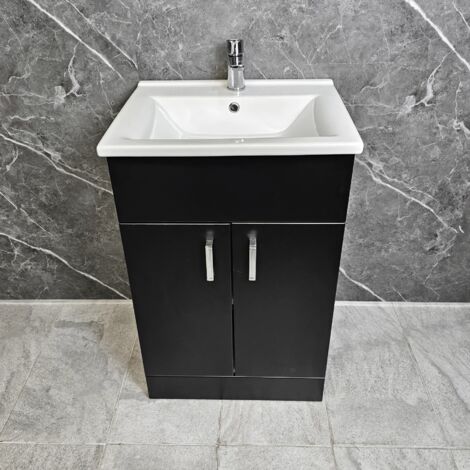 550mm Black Vanity Unit with Chrome Finish Handles Square Style 2 Doors Tess, With Tap