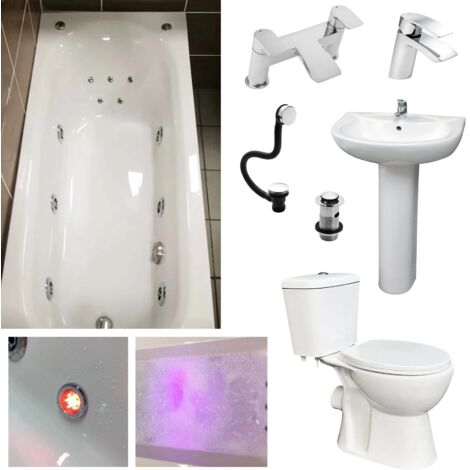 Complete Whirlpool Bathroom Suite Inc Imelda 1675mm Bath Toilet Basin and Taps, 11 Jets + Light