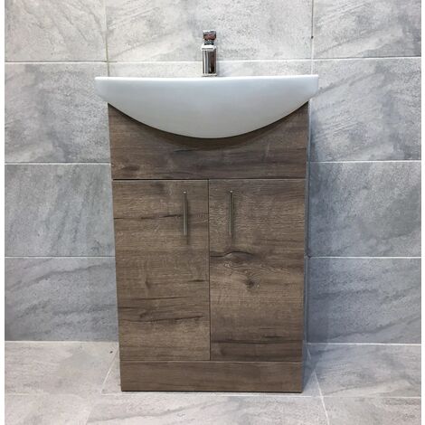 Walnut Oak Finish Vanity Basin Sink Unit 550mm Bathroom Storage Driftwood, With Amy Curved Tap