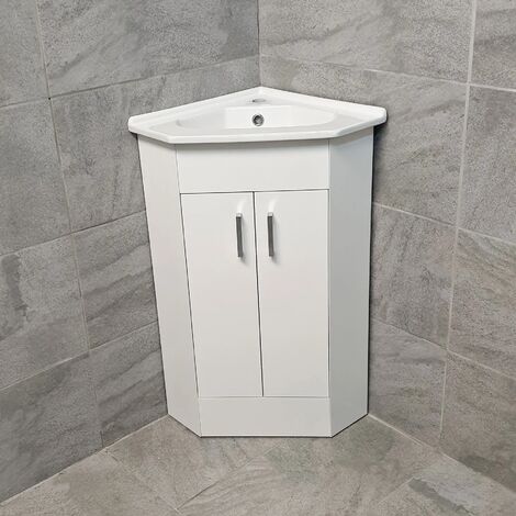 Corner Vanity Unit 2 Door including Basin Sink Cloakroom Unit - Gloss White, Without tap