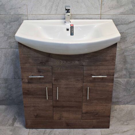 750mm Designer Walnut Oak Vanity Basin Sink Storage Unit Bathroom, No Tap & Waste