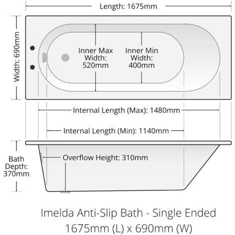 Imelda Bath 1675mm Acrylic With Anti Slip on Base White with Panel Options, No bath panels