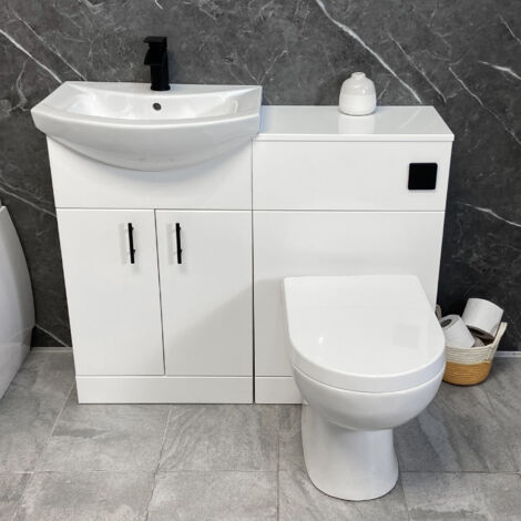 Bathroom Vanity Suite 1050mm White Gloss with Black Handles and Flush Button, With Tap & Waste