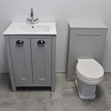 Derby Bathroom Suite Vanity Sink Basin + WC Toilet Unit - Light Grey Oak, No Tap
