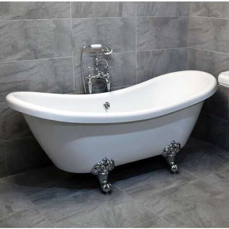Double Ended Freestanding Slipper Bath Roll Top Traditional Style Ball + Claw, Without tap