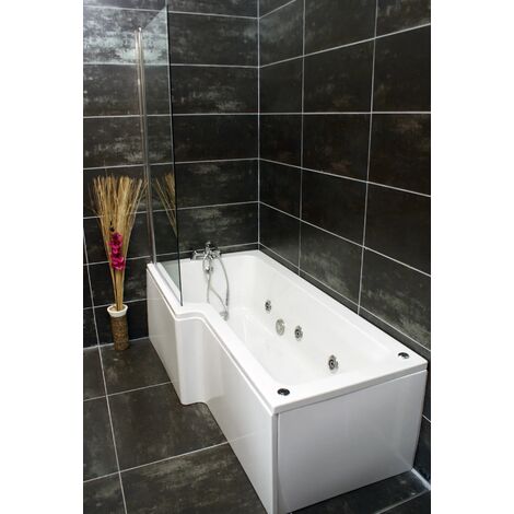L Shaped Whirlpool Shower Bath and Screen with Jets Light Options Left Hand, 11 Jets
