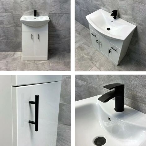 Vanity Unit Bathroom Sink Basin Storage with Black Handles White - Various Sizes, 950mm-with Tap/Waste