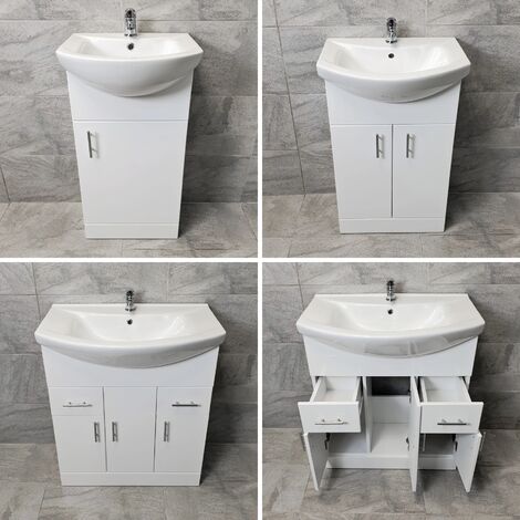 Designer Bathroom Vanity Basin Sink Unit Storage White Gloss Various Sizes, 650mm-with Tap/Waste
