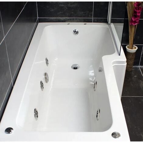 L Shaped Whirlpool Shower Bath and Screen with Jets Light Options Right Hand, 11 Jets with Lights