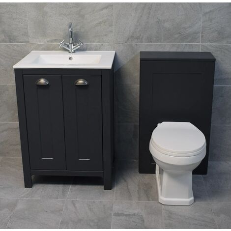 Derby Vanity Sink Basin Storage Unit + Toilet Bathroom Suite - Dark Grey, No Tap