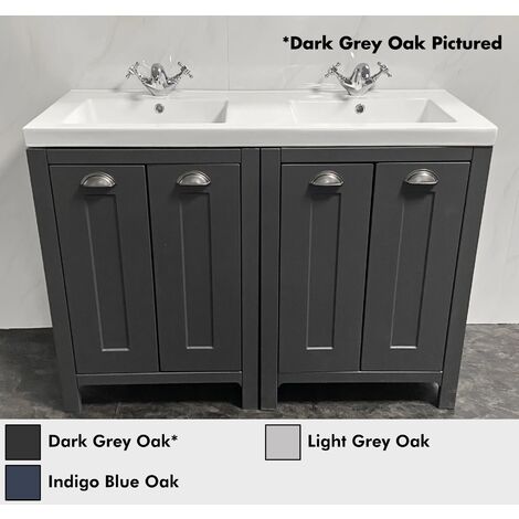 Double Vanity Basin His and Hers Twin Sink Bathroom Ceramic Modern Square Style, Dark Grey Oak-Without Tap & Wastes
