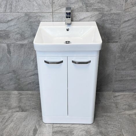 500mm Curved Vanity Unit Sink Ceramic Basin Bathroom Storage White Gloss Pacific, No Tap