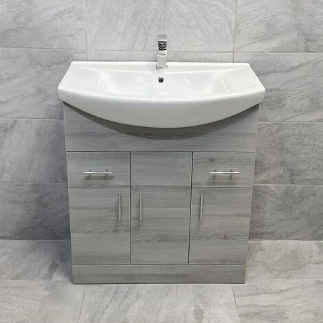 750mm Designer Grey Ash Vanity Basin Sink Bathroom Storage Unit, No Tap & Waste