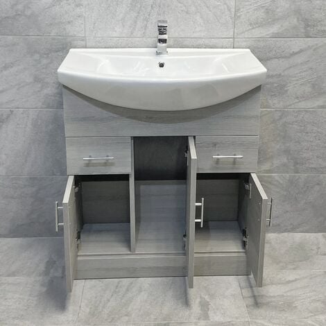 750mm Designer Grey Ash Vanity Basin Sink Bathroom Storage Unit, No Tap & Waste