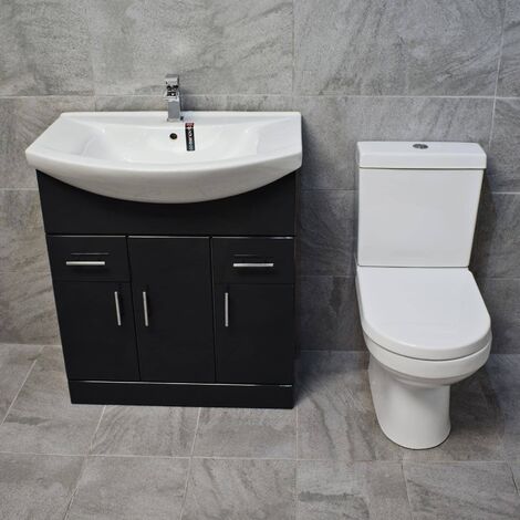 750mm Glossy Anthracite Sink Basin Vanity Unit Set Storage Unit + Toilet Set, No Tap Pack (1/5)